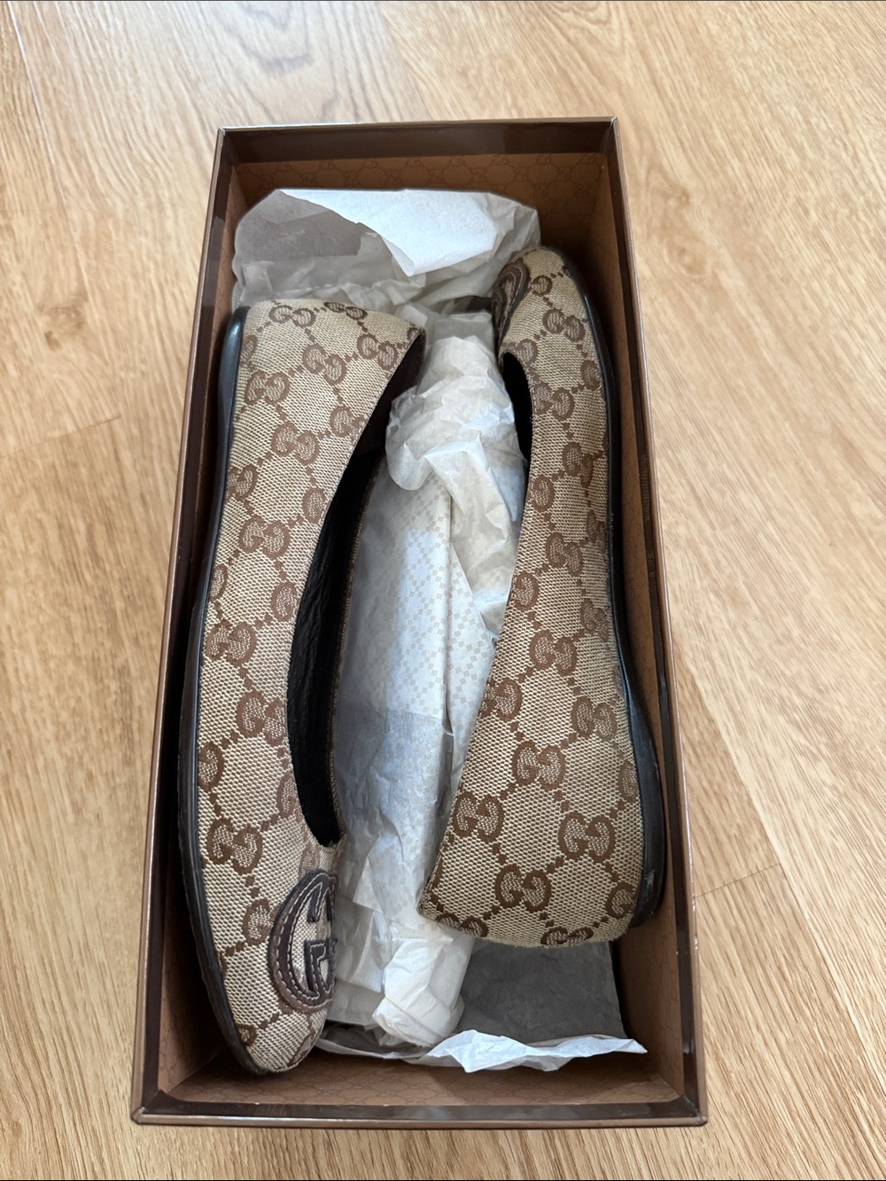 Gucci Beige and Brown GG Canvas Flats